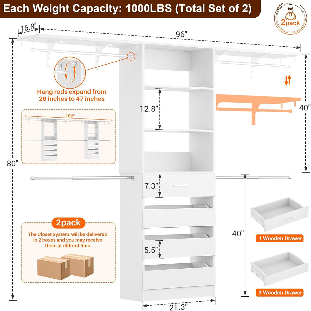 Aheaplus Closet System, Wood Closet Organizer System with Drawers, White
