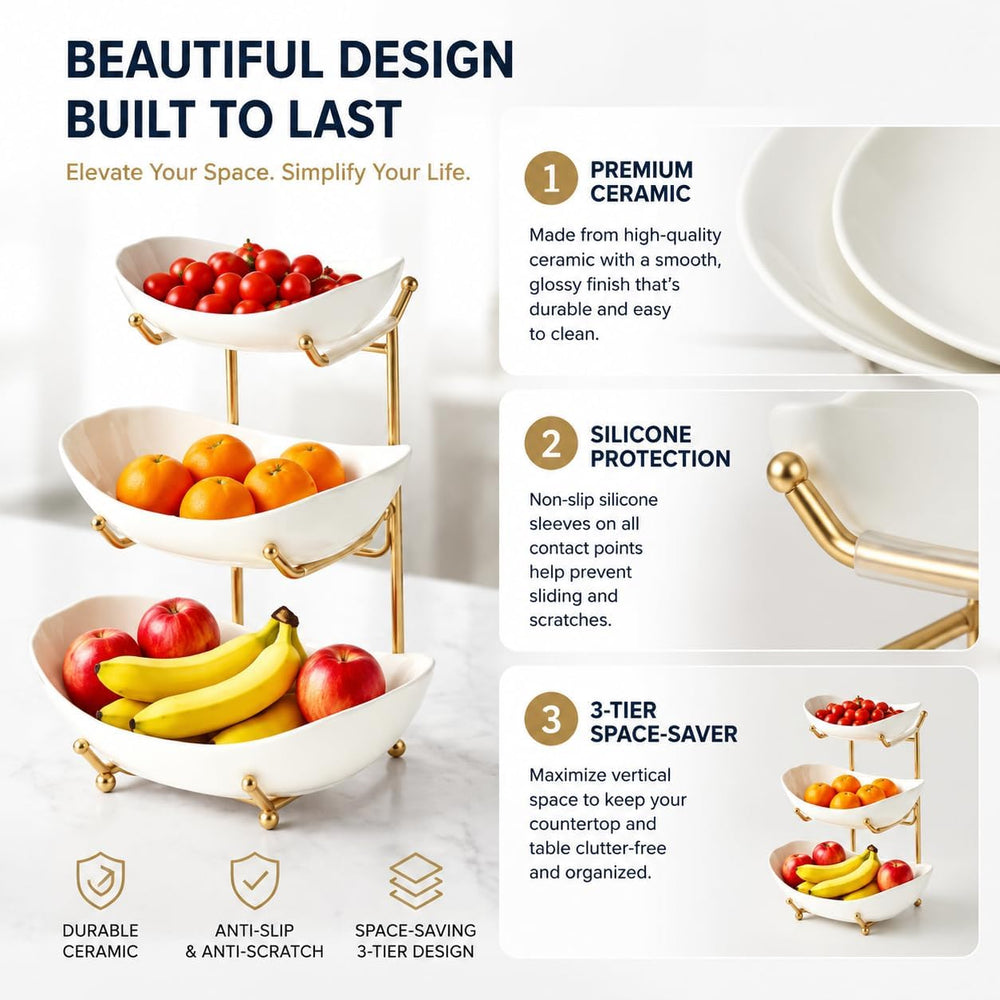 3-Tier Ceramic Fruit Bowl, Metal Stand with Anti-Slip Silicone