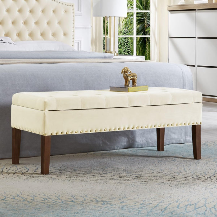 24KF Velvet Modern Upholstered Tufted Button Storage Bench with Studded Nails for Living Room 5076-Cream