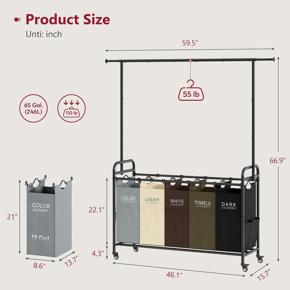Tajsoon Laundry Sorter Cart with Hanging Rack, 5 Section, 5 Colors