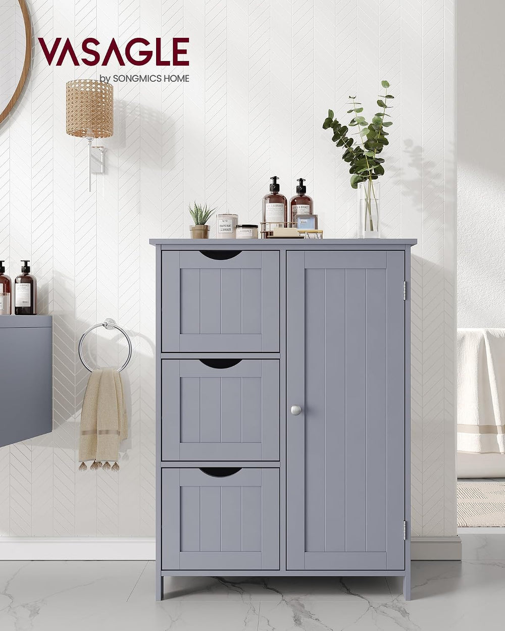 VASAGLE Bathroom Floor Storage Cabinet, 3 Drawers, Dove Gray