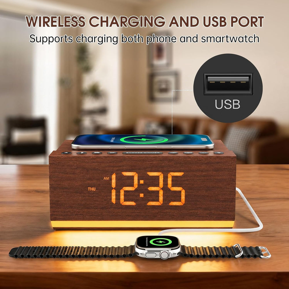Wooden Digital Alarm Clock with Wireless Charging & Bluetooth Speaker