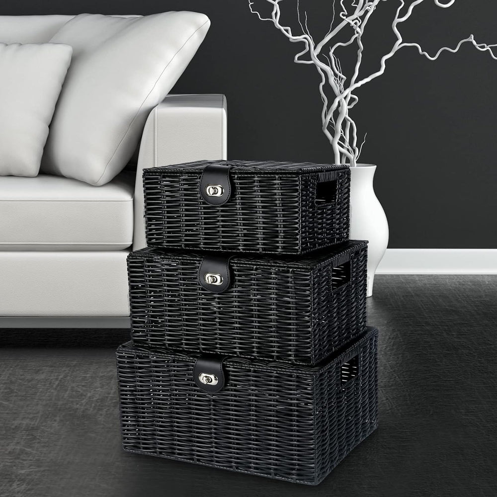 Honygebia Black Wicker Storage Baskets - Set of 3 Decorative Nesting Boxes wi...