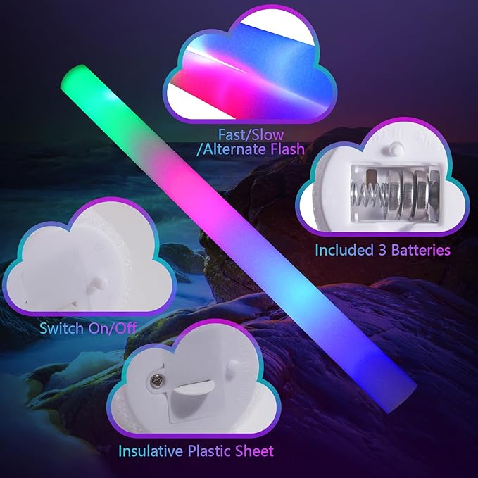 55 PCS Foam Glow Sticks, Foam Light Up Sticks Party Supplies with 3 Mode Colo...