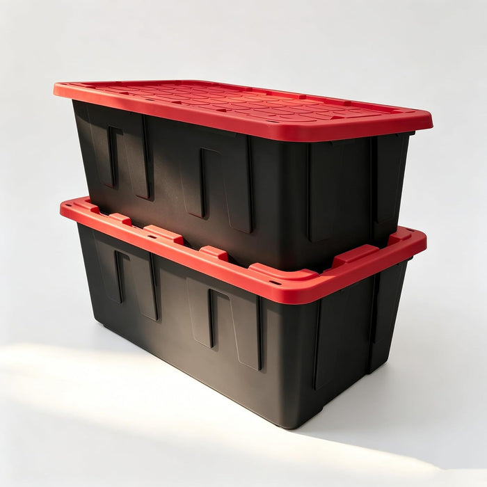 40 Gallon Tote 2 Pack, Heavy Duty Stackable Plastic Storage Bins with Lids, Black & Red Industrial Tough Containers for Garage, Moving, Truck Transport, Job Site Organization