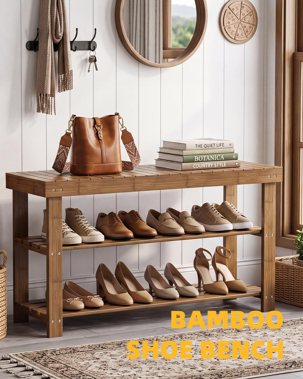 SMIBUY Bamboo Shoe Rack Bench, 3-Tier Shoe Organizer Storage Shelf for Entryw...