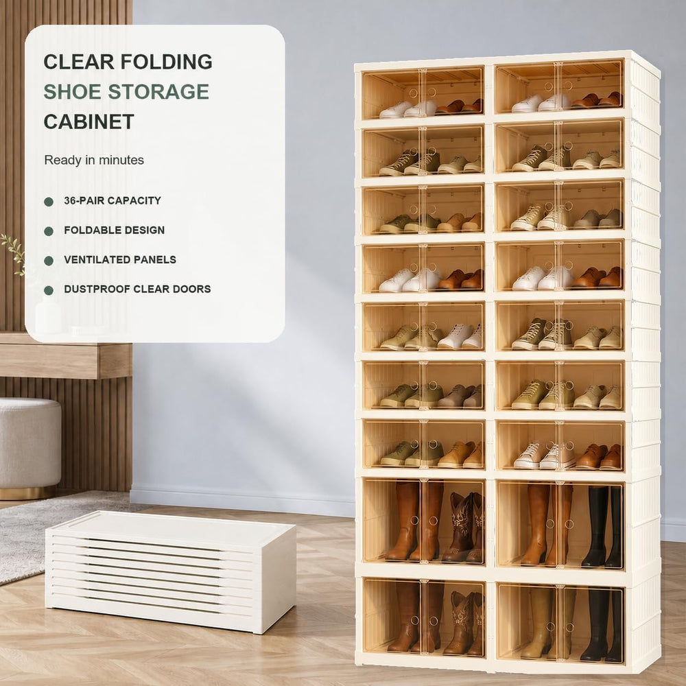 Extra Wide Foldable Shoe Rack with Clear Doors, 9-Tier Shoe Organizer