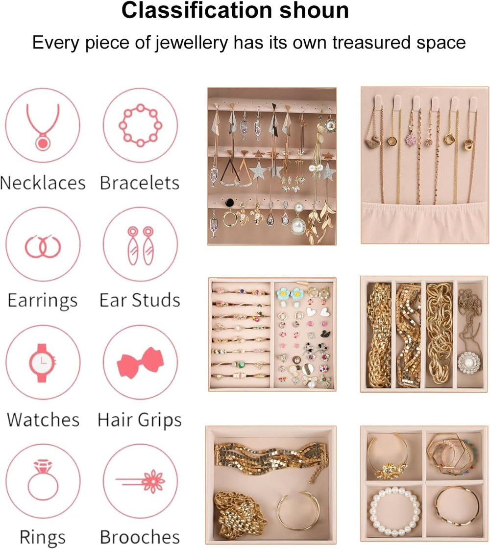 ASINGYER White 4 Layer 3 Drawer Jewelry Organizer with Double Hanging Side Ca...