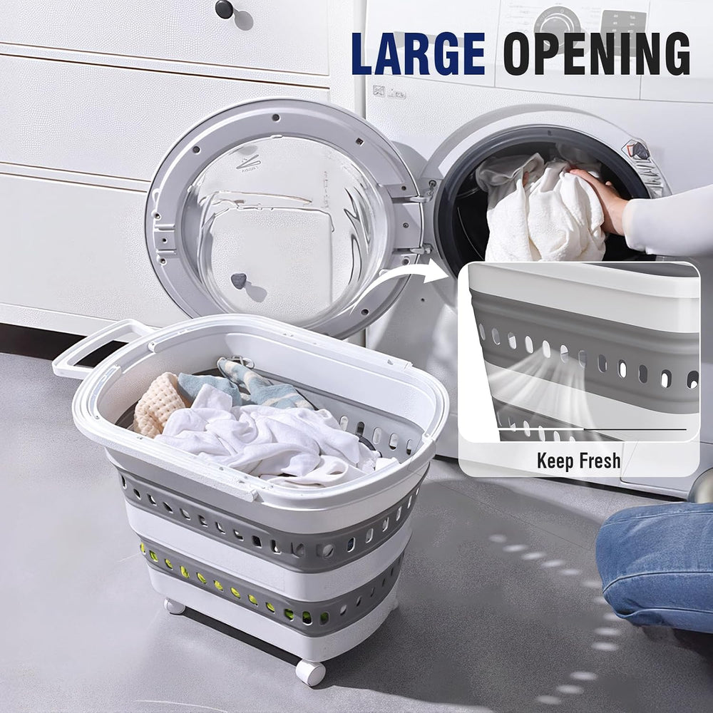 Collapsible Plastic Rolling Laundry Basket Hamper with Wheels, 45L Portable R...