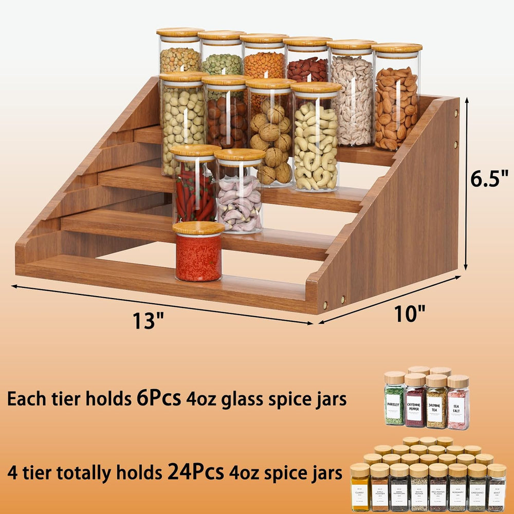 Solid Wood Spice Rack Organizer for Countertop & Cabinet, 4 Tier Adjustab...