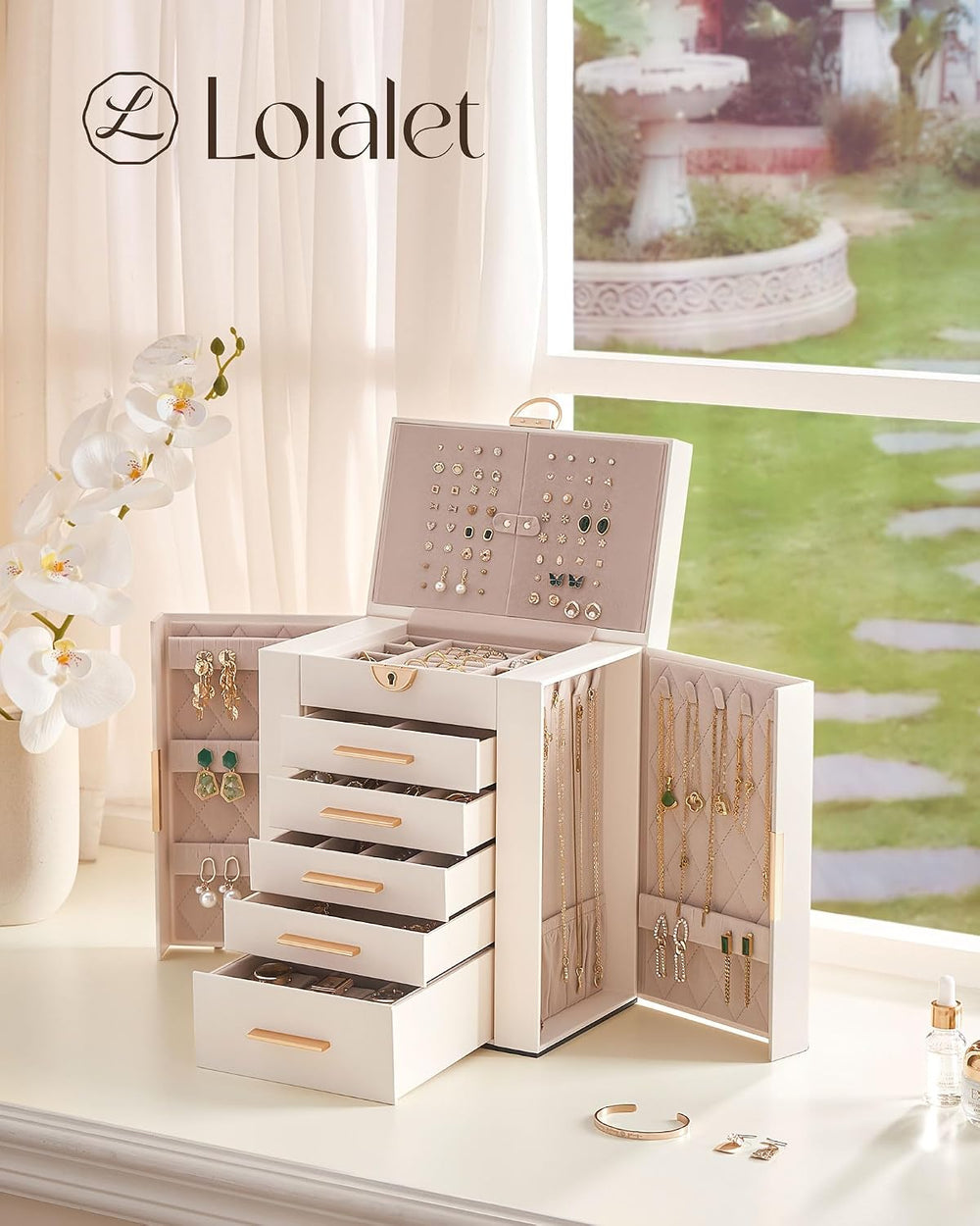 Lolalet Large Jewelry Box, 6-Layer Jewelry Organizer with 5 Drawers -Beige