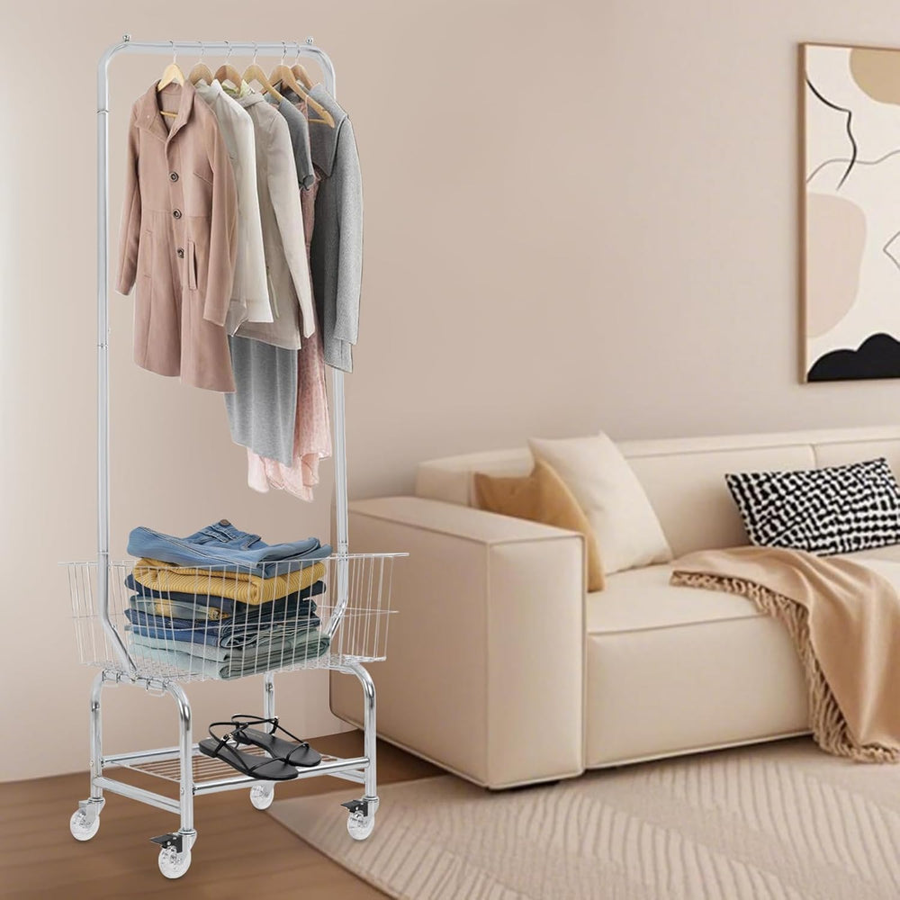 Wire Laundry Cart, Commercial Laundry Basket with Rack and Wheels