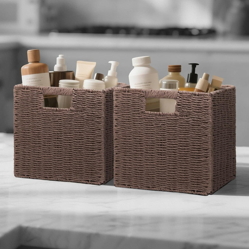 Wicker Storage Baskets for Organizing, 3 Pack Rustic Foldable Square Basket f...