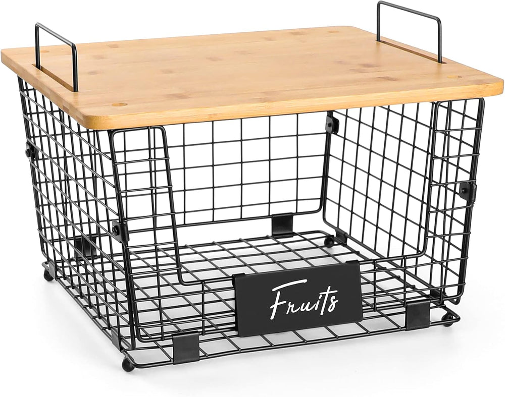 1 Set Stackable Wire Basket with Bamboo Top - Kitchen Counter, Pantry Organiz...