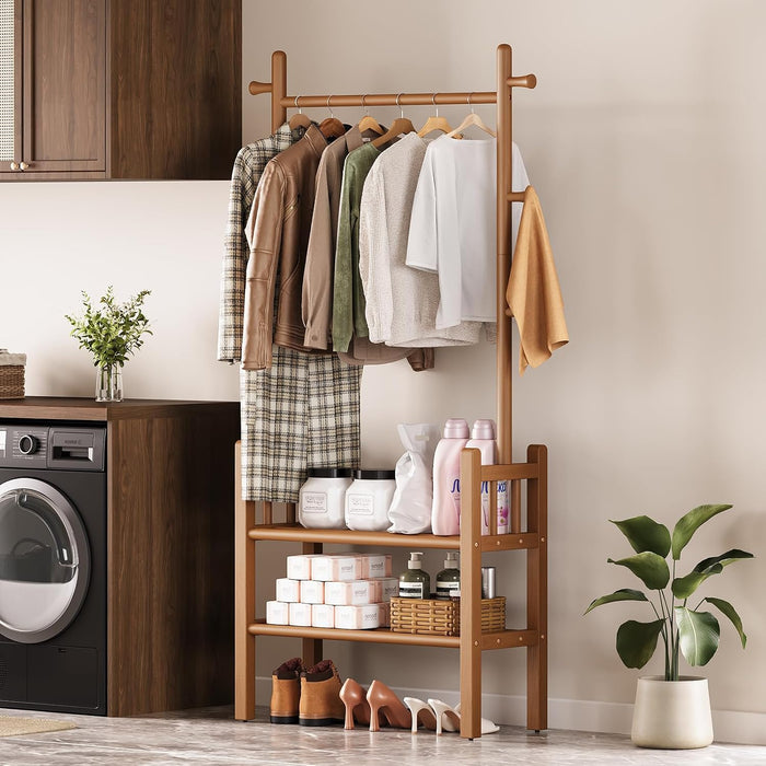 Yoobure Solid Wood Clothing Rack with Shelves - Coat Rack Freestanding with 6 Hooks, 3-in-1 Hall Tree for Hanging Clothes, Tall Garment Racks with Storage for Bedroom, Entryway, Living Room, Closet