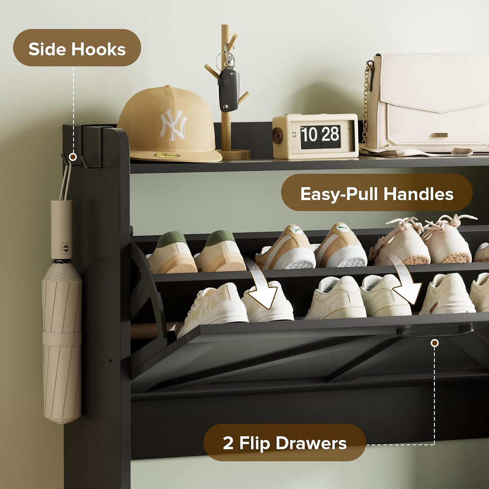 Urban Deco Shoe Cabinet with 2 Flip Drawers, Slim Shoe Storage for Entryway