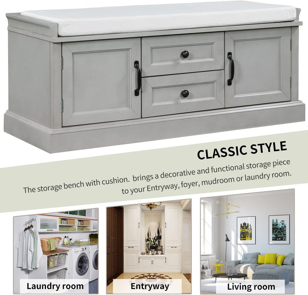 P PURLOVE Rustic Storage Bench Wood Entryway Storage Bench with 2 Cabinets an...