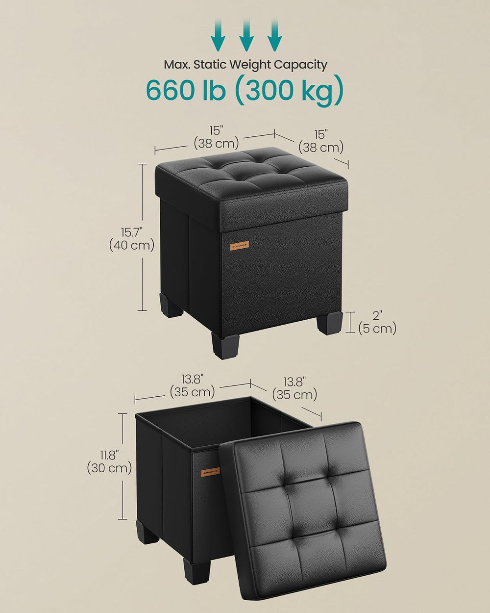 SONGMICS Small Storage Ottoman, 15 x 15 x 15.8 Inches, 9.8 Gal. (37 L)
