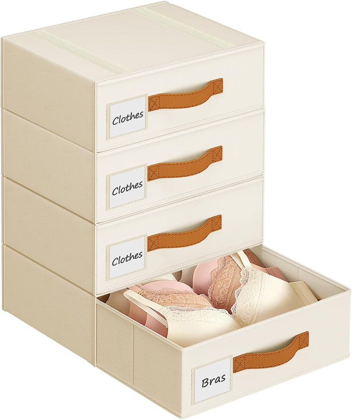 DIMJ Underwear Drawer Organizer, Stackable Bra Organizer for Closet, 4 Pack, Beige