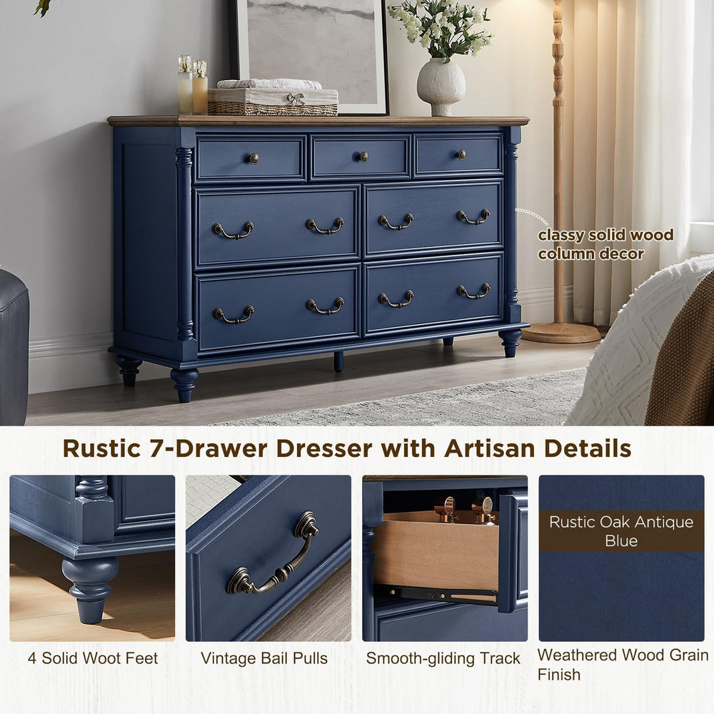 T4TREAM Farmhouse 7-Drawer Dresser with Solid Wood Feet, Antique Blue