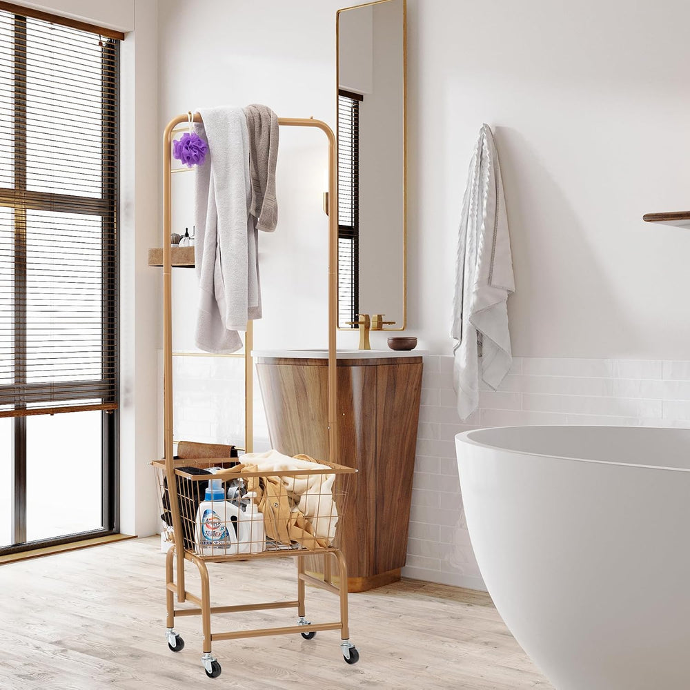 ALIMORDEN Rolling Laundry Cart with Hanging Rack & Metal Basket, Gold