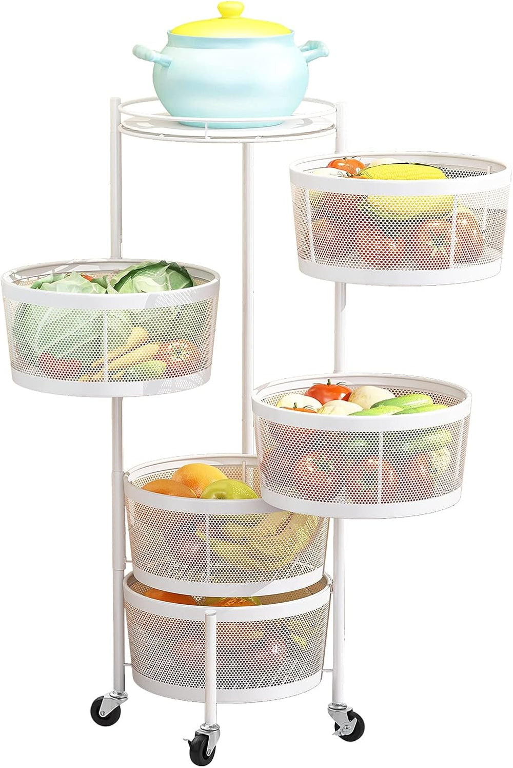 LIBOOI 5 Tier Rotating Storage Rack with Metal Shelves, Kitchen Basket, Food ...