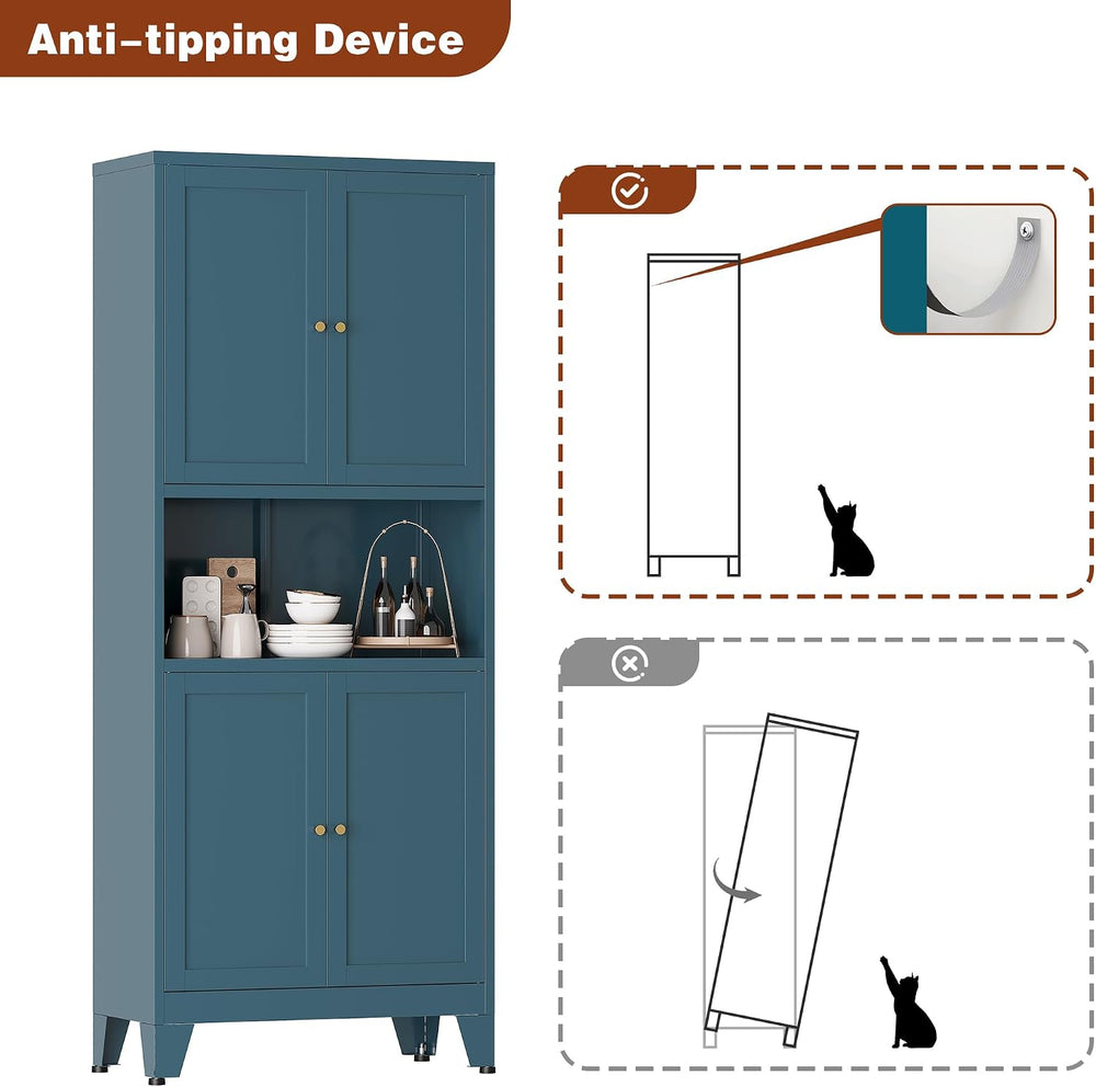 Metal Pantry Cabinet, Tall Kitchen Cabinet with 4 Doors & Adjustable Shel...