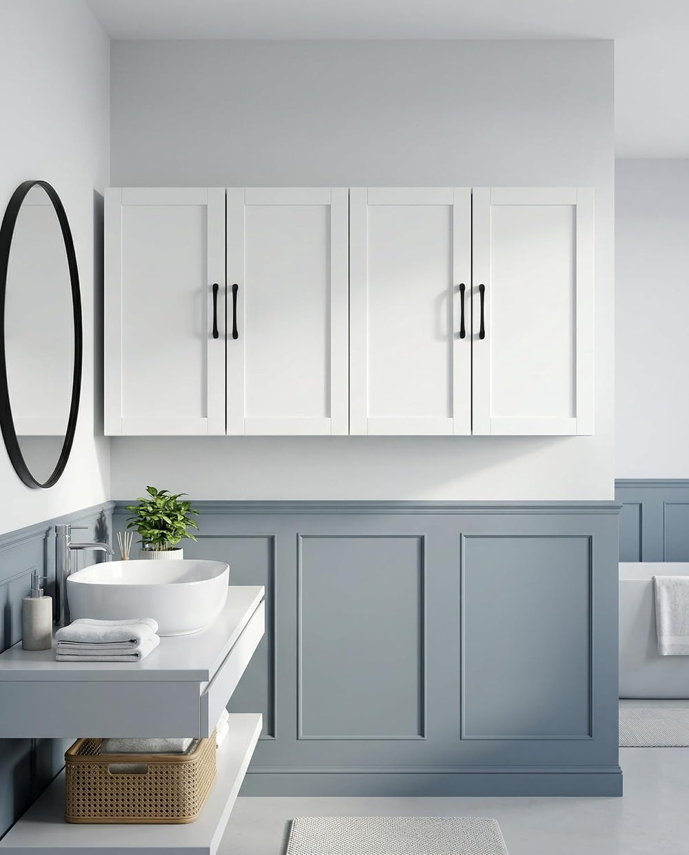 Wall Mounted Cabinet, Laundry Cabinet, 4 Doors, Adjustable Shelves, White