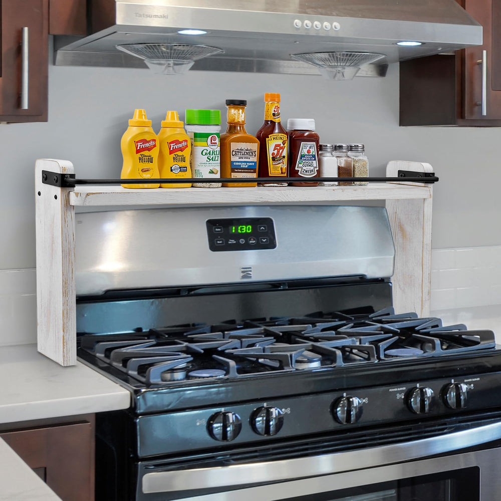 MyGift 33-Inch Stove Top Spice Shelf, Whitewashed Wood Black Metal Rack