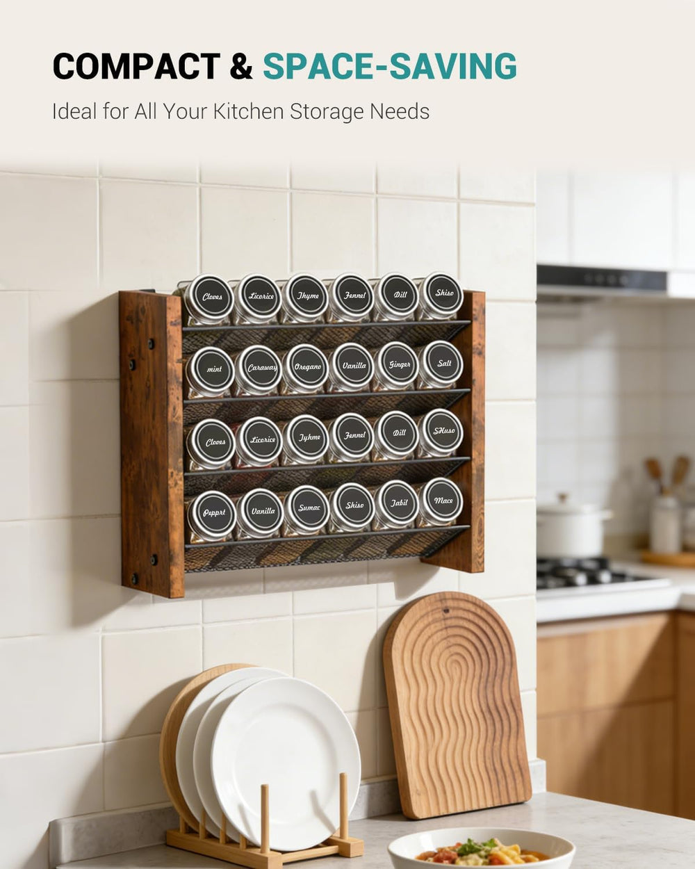 Spice Rack Organizer with 24 Glass Jars, for Cabinet Wall Mount Countertop