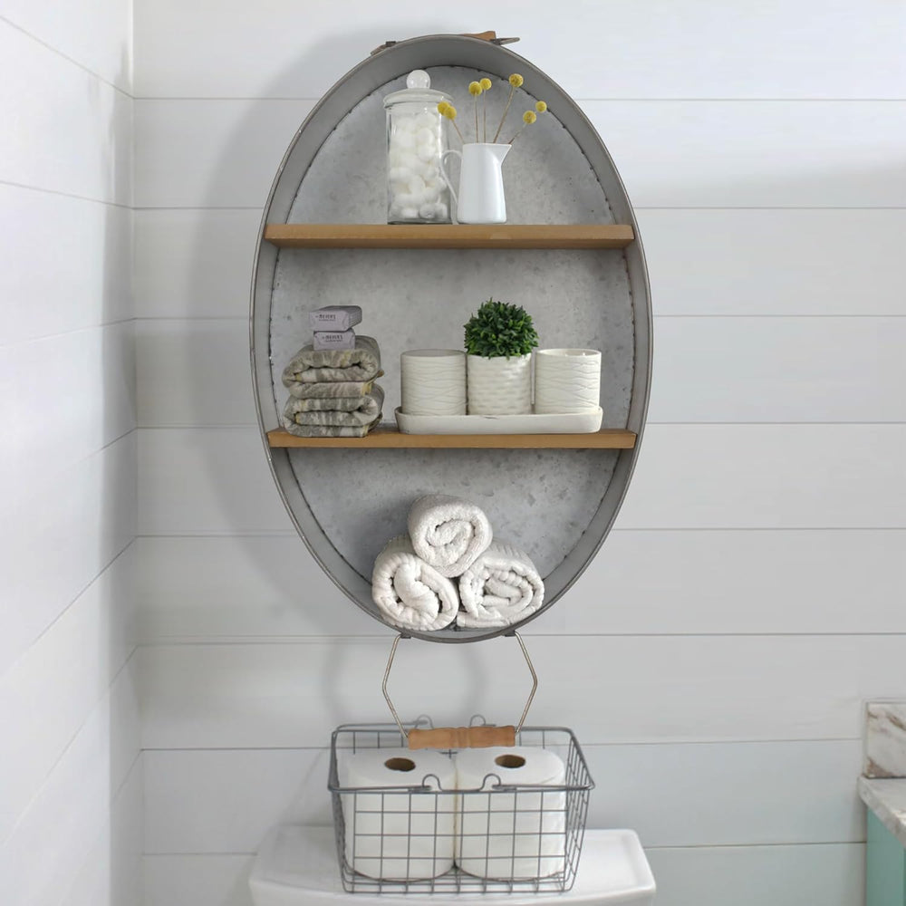 Oakrain Towel Rack with Wood Wall Shelves, Farmhouse Galvanized Wash Tub