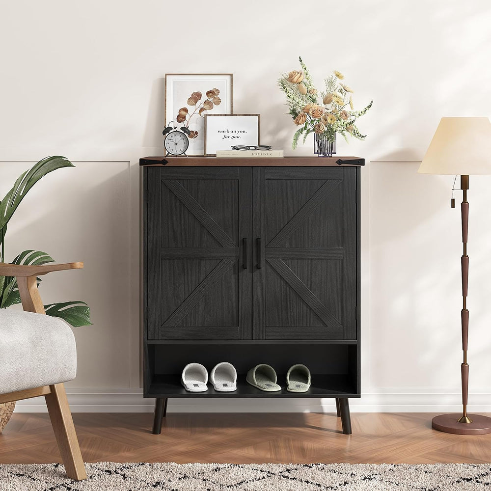 Vabches 34" Tall Farmhouse Shoe Storage Cabinet with Barn Doors, Black