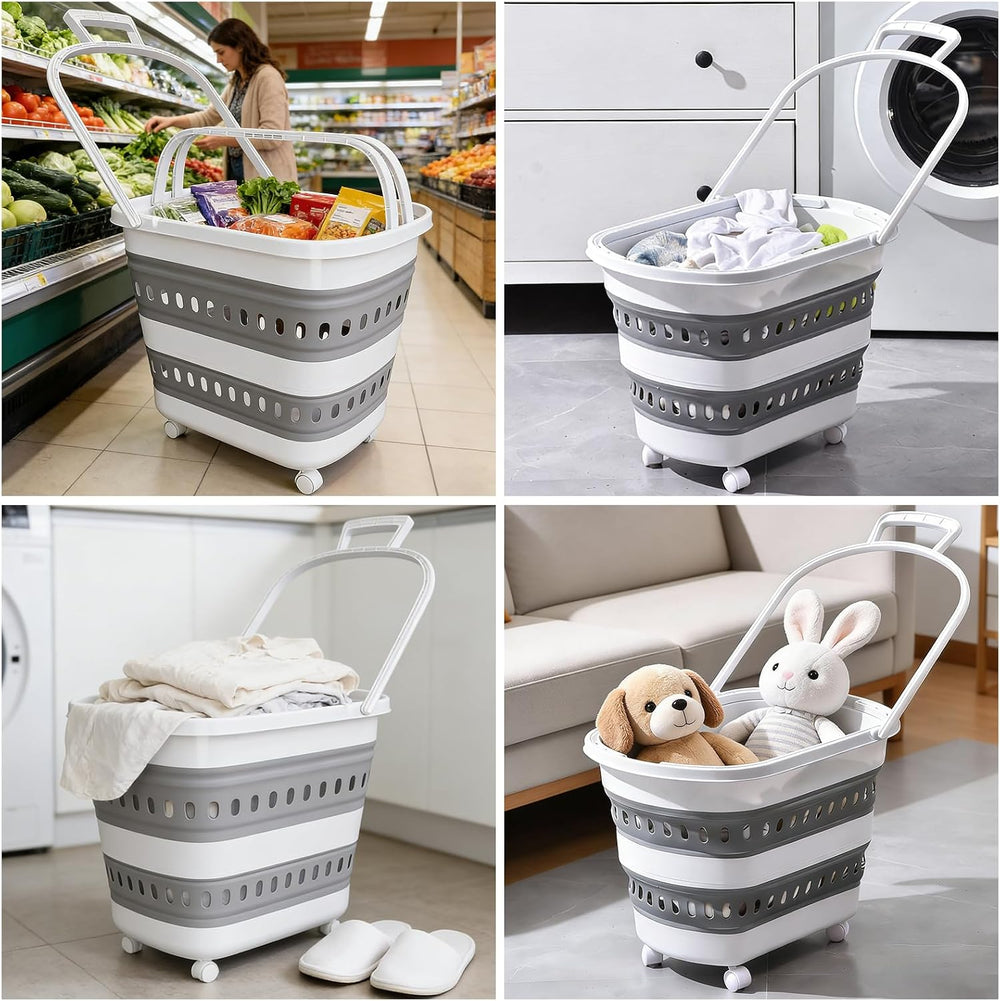 50L Collapsible Plastic Laundry Basket Hamper with Wheels, Foldable Laundry B...