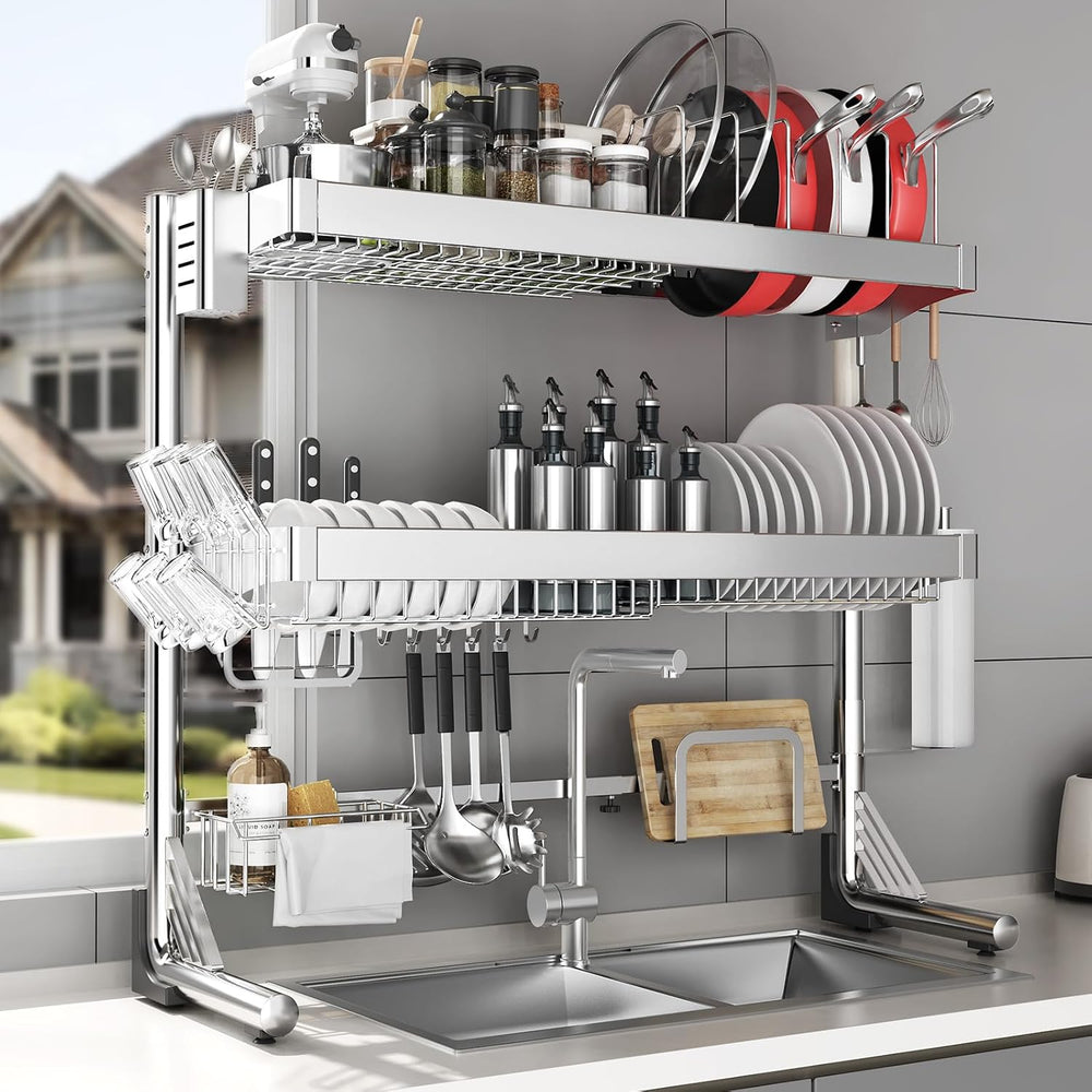 Over The Sink Dish Drainer Drying Rack 3 Tier, Full Stainless Steel Dish Dryi...