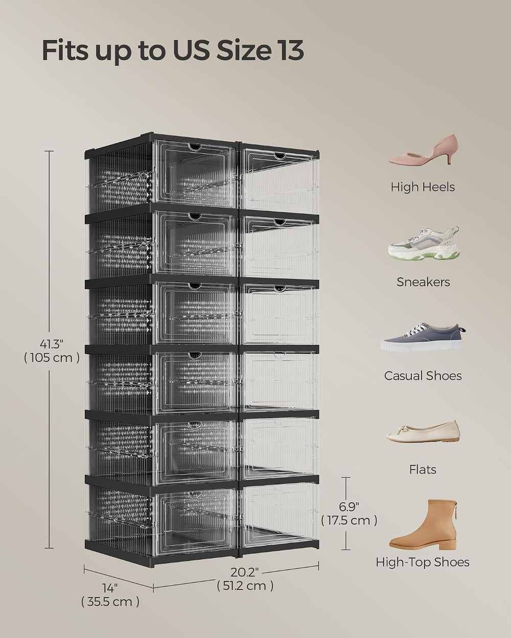 SONGMICS Foldable Shoe Boxes, 6-Tier for 12 Pack, Fit up to US size 13