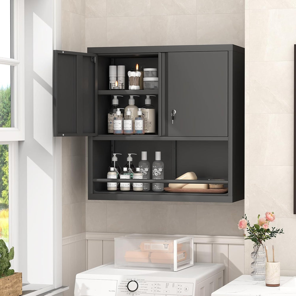 Locking Metal Wall Mounted Garage Storage Cabinet with Doors and Shelves