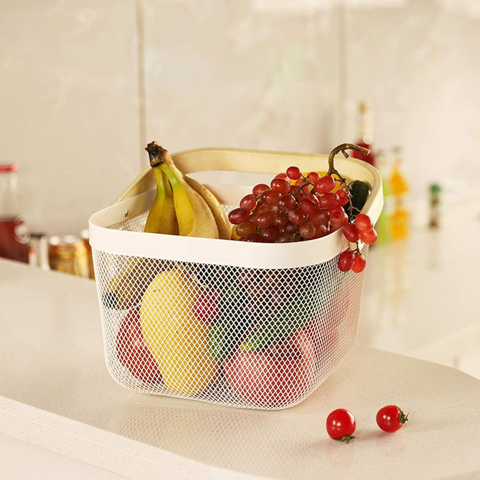 AJIODA 3 Pack Metal Mesh Steel Basket, Storage Organizer Basket Multi-function Hanging Kitchen Baskets Fruit Basket Bin with Wood Handle for Kitchen Bathroom Picnic Cabinet Home Decor, 3PCS-White