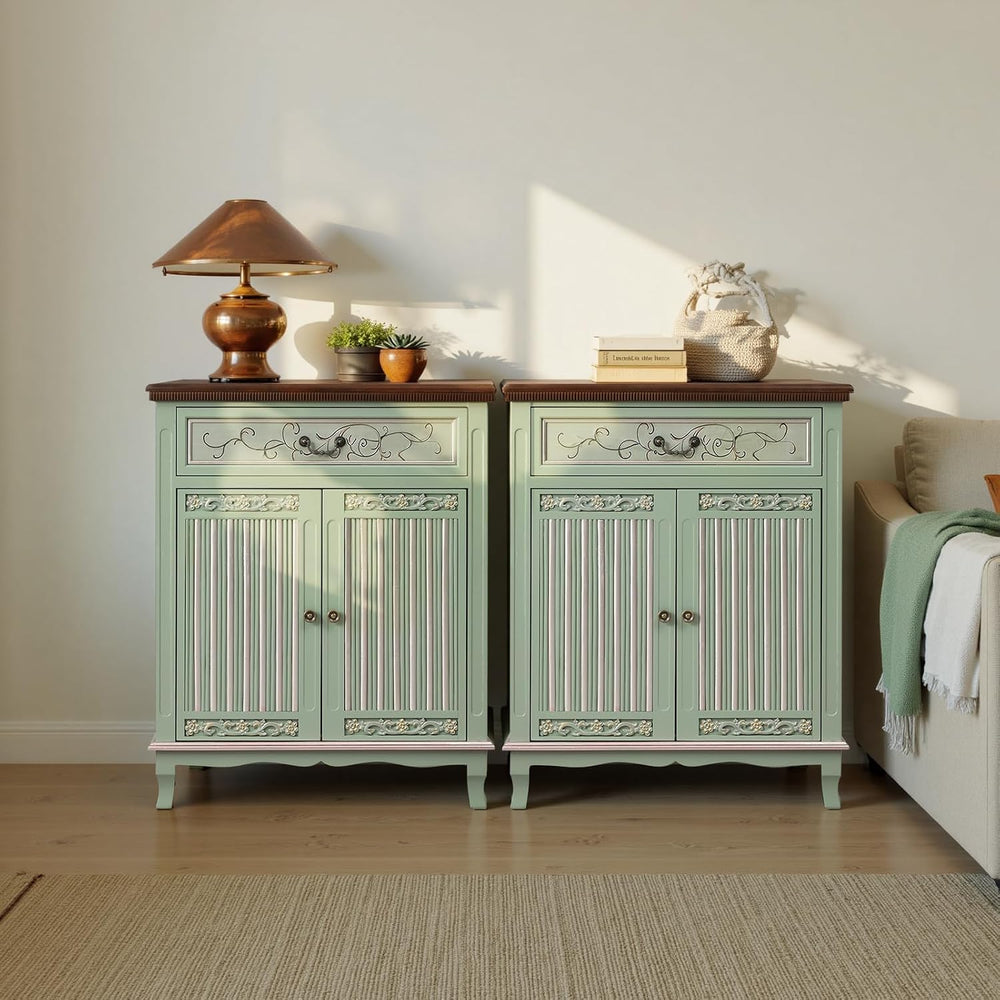 Ahokua Sage Green Accent Cabinet with Drawer and Textured Doors, Farmhouse St...