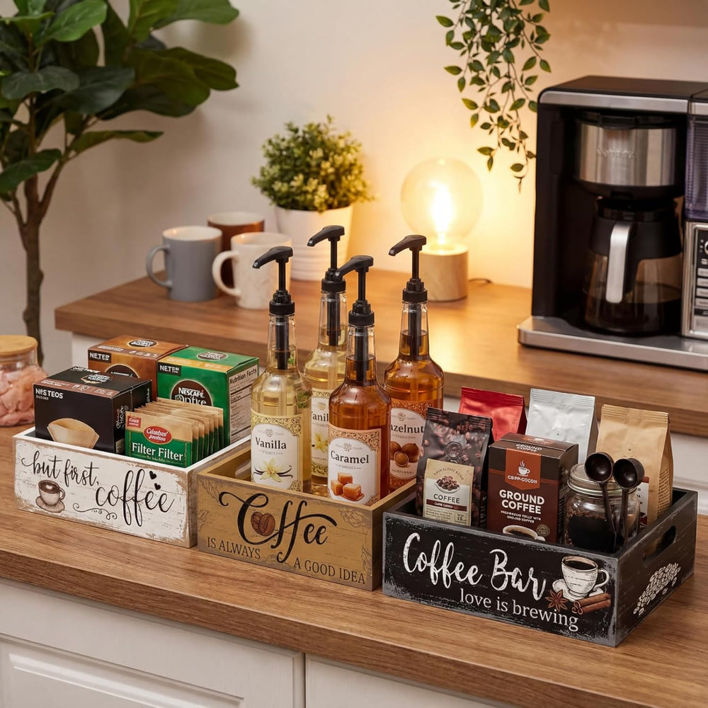 3 Pcs Christmas Wood Crate with Words Coffee Bar Love Is Brewing