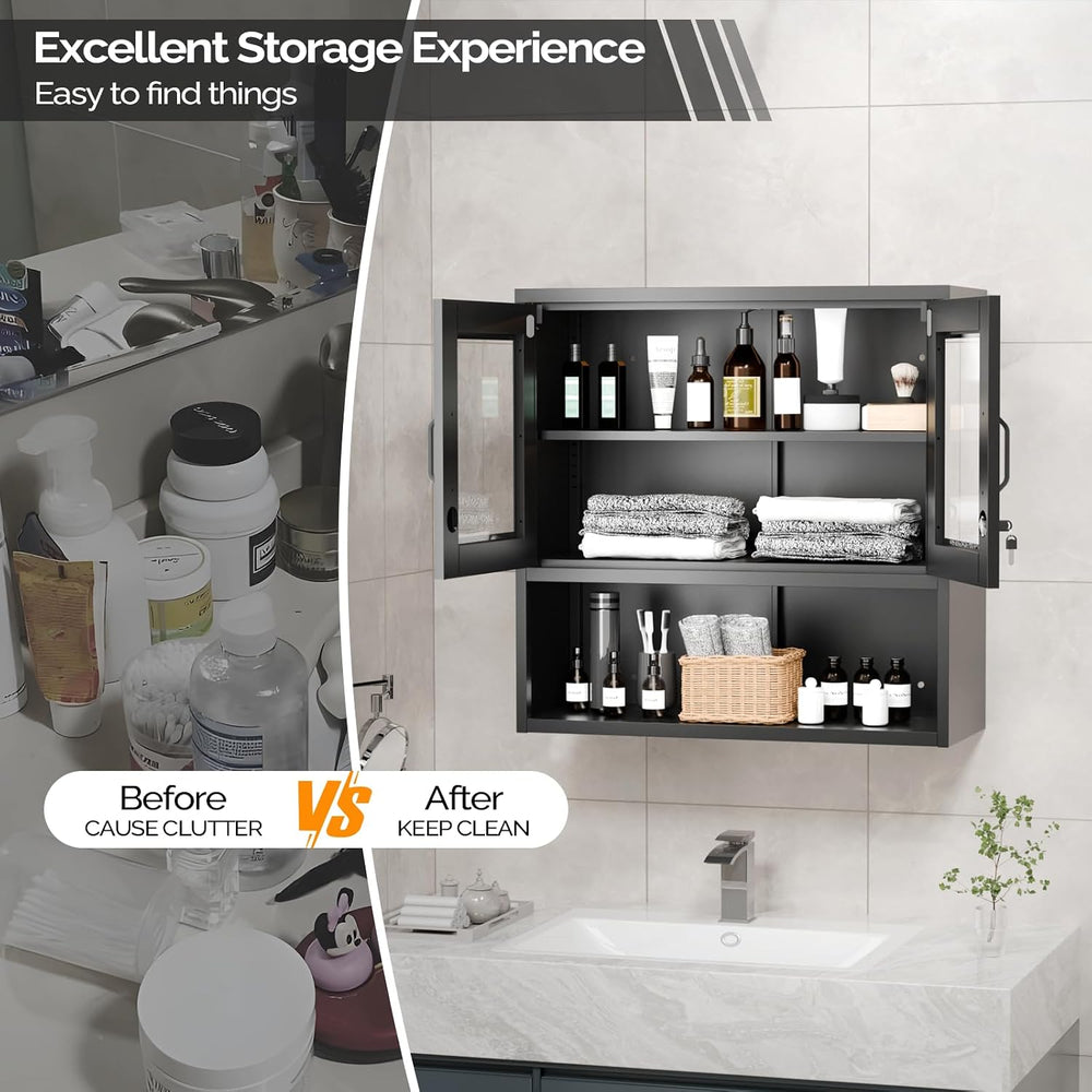 VINGLI Metal Wall Cabinet with Locking Glass Doors, Adjustable Shelf, Wall Mo...