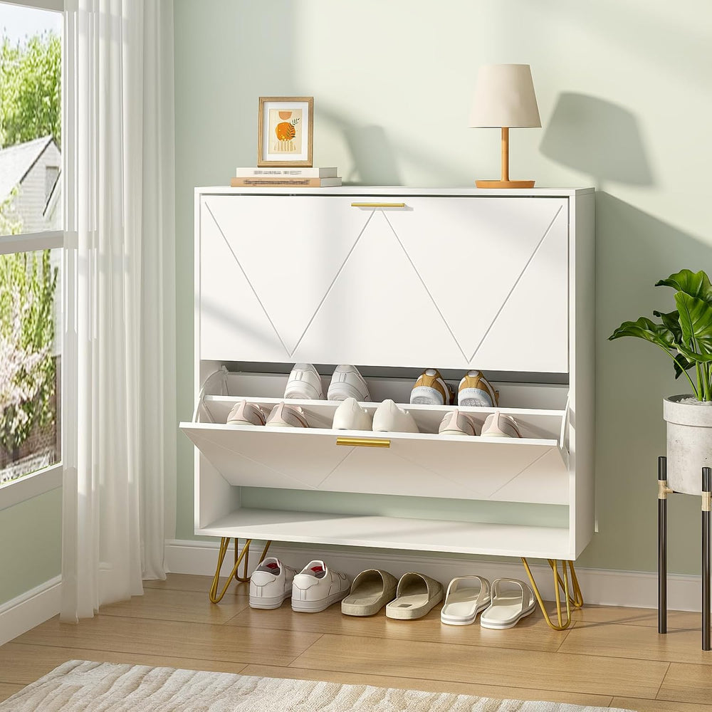 Tradare White Shoe Cabinet Storage for Entryway, Narrow Shoe Cabinet with 2 F...
