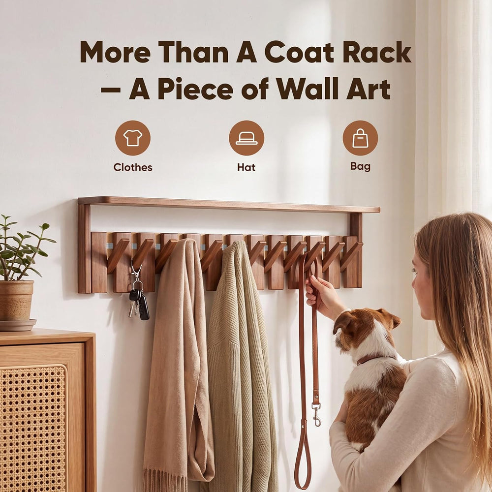 Wall Mounted Coat Rack with Shelf, 12 Flip-Down Hooks, Walnut