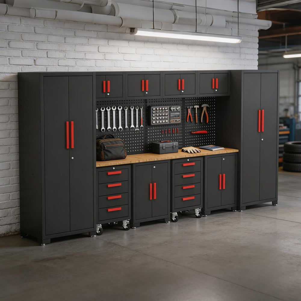 BIG RED Garage Storage Cabinets System, 12Pcs Workshop Cabinet Set in Black