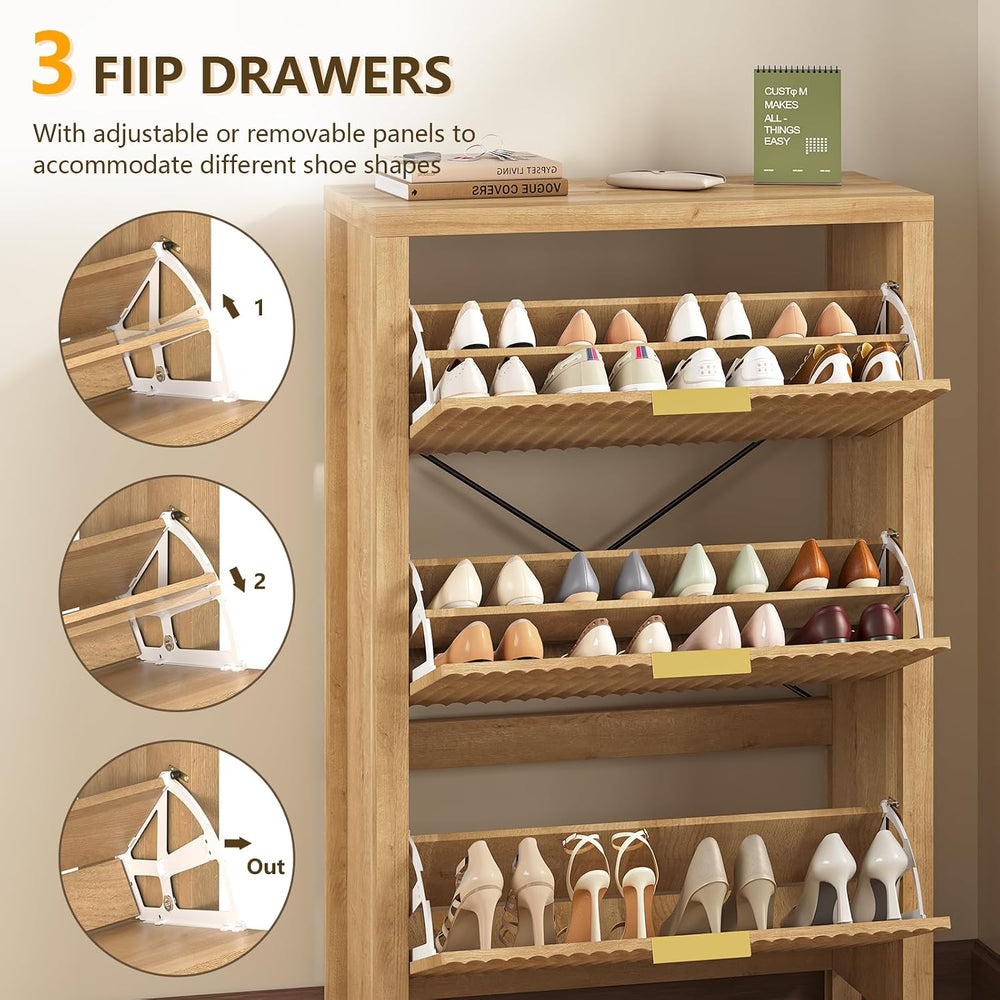 32" Fluted Shoe Cabinet Storage with 3 Flip Drawers for Entryway, Hallway
