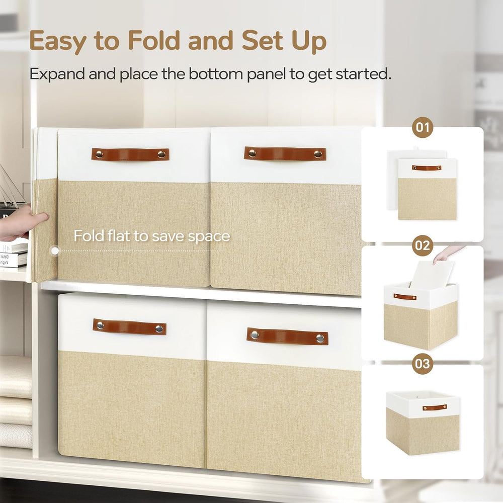 Patvingot 13-Inch Linen Storage Cubes with Labels and PU Handles,4 Pack