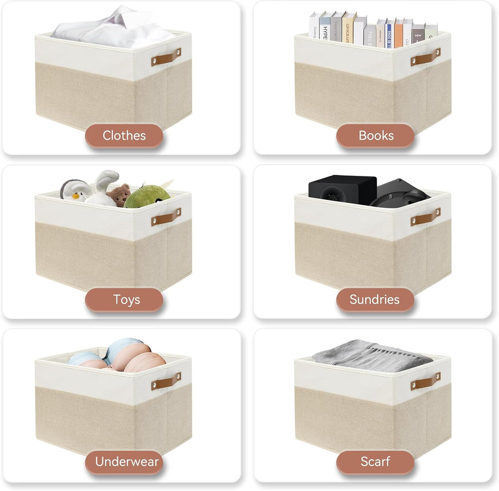 SNWDN 6 Pack Collapsible Fabric Storage Baskets with Handles (White/Beige 15&...
