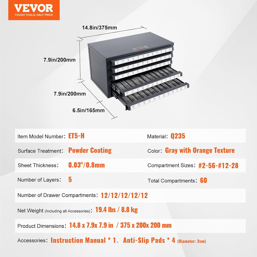 VEVOR Five-Drawer 2-56-#12-28 Steel Dispenser Organizer Labels, 60-Compartmen...