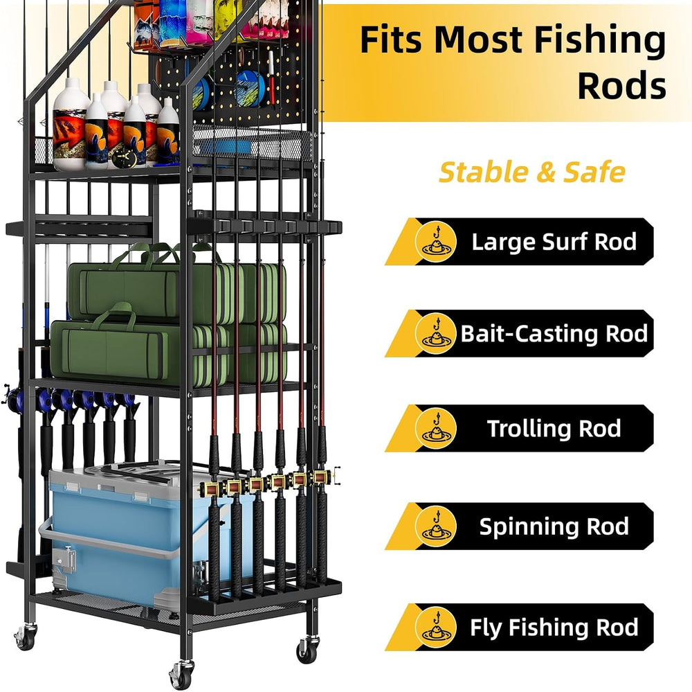 Fishing Rod Holder with Wheels for Garage, 12-Rod Fishing Pole Holders