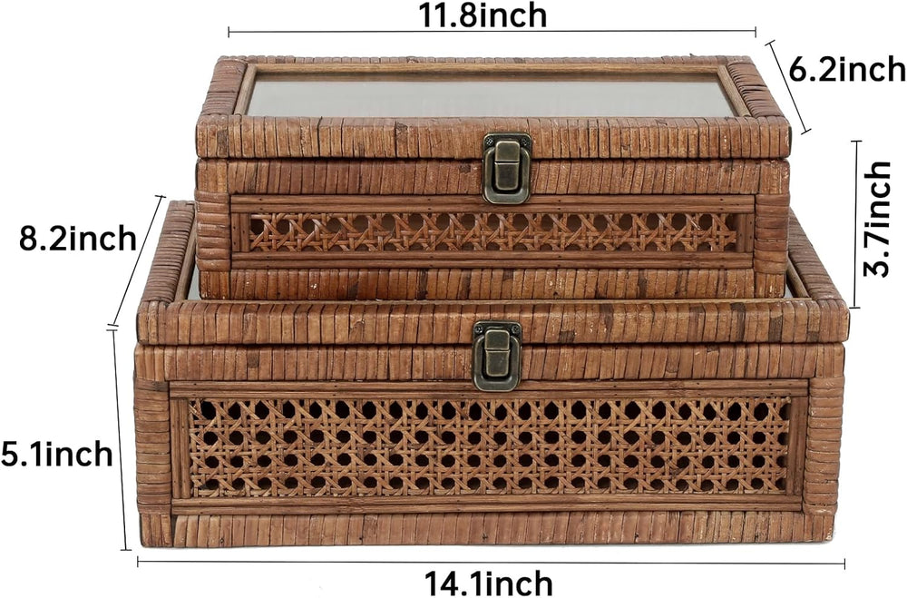 DECOR4SEASON Set of 2 Rattan and Cane Stacking Boxes,Brown,12"&14"