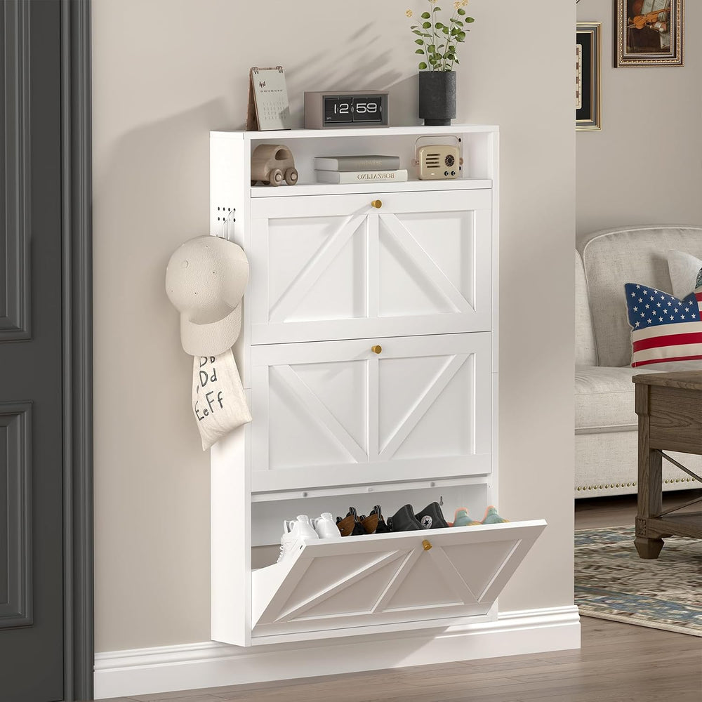 Modern Slim Shoe Organizer, 3 Flip Shoe Cabinet with Open Storage, Narrow Sho...